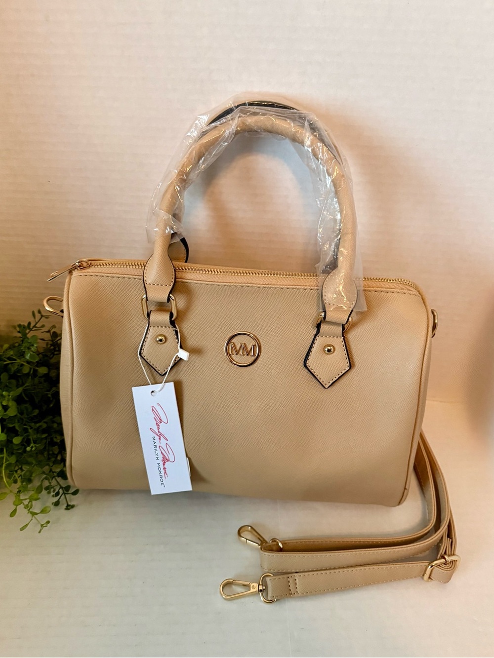 Marilyn Monroe Beige Satchel with Gold Logo Accent